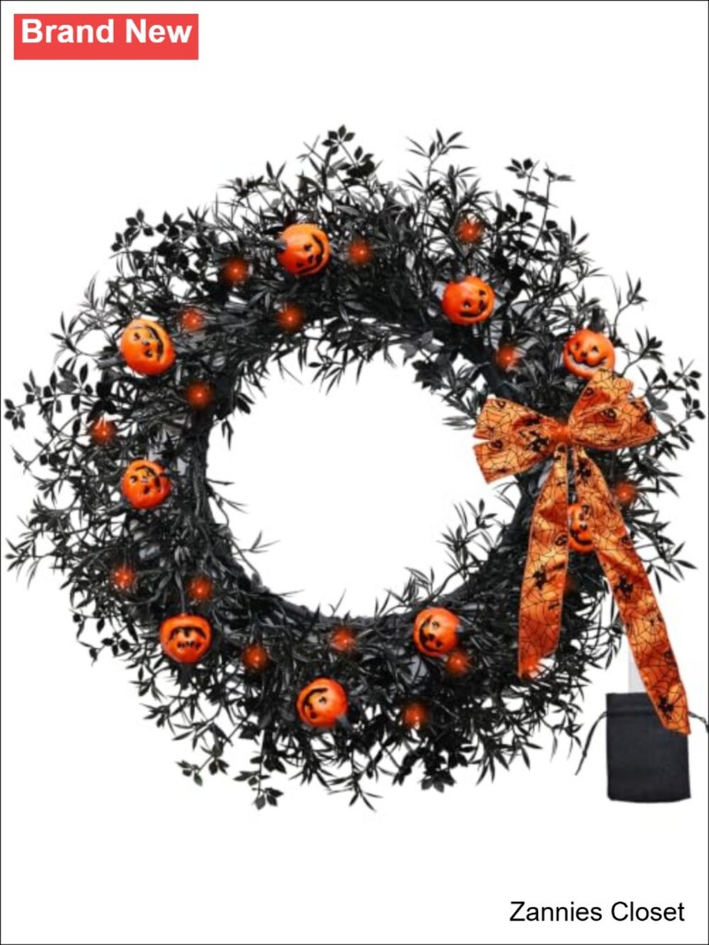 👻 20 Inch Lighted Halloween Wreath with 30 LED Lights, Pumpkin Faces &